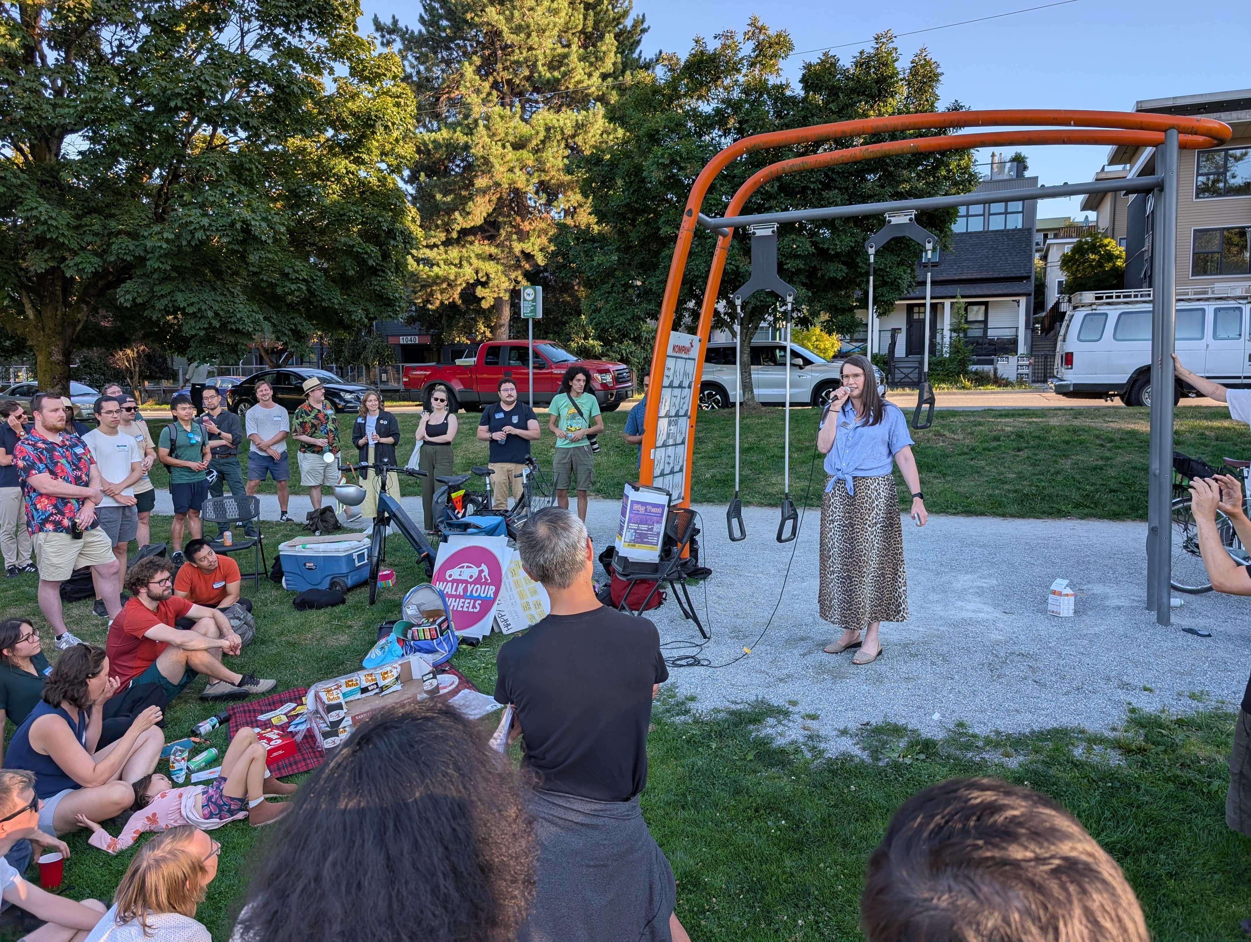 City of Van Councillor Lucy Maloney speaking at second Big Tent urbanist event in Aug 2025 at China Creek North Park in Vancouver, BC.