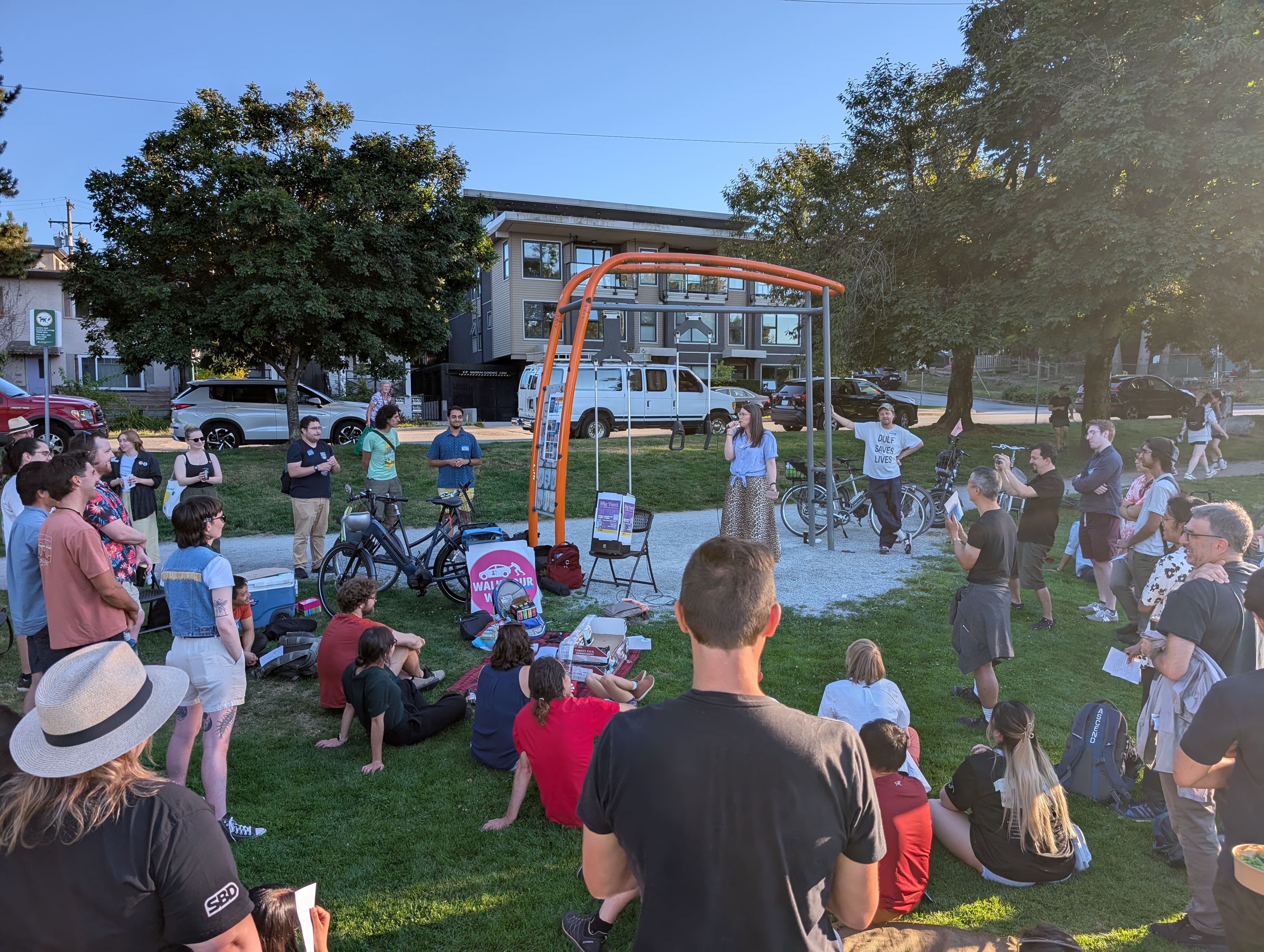 City of Van Councillor Lucy Maloney and City of Van Councillor Sean Orr speaking at second Big Tent urbanist event in Aug 2025 at China Creek North Park in Vancouver, BC.